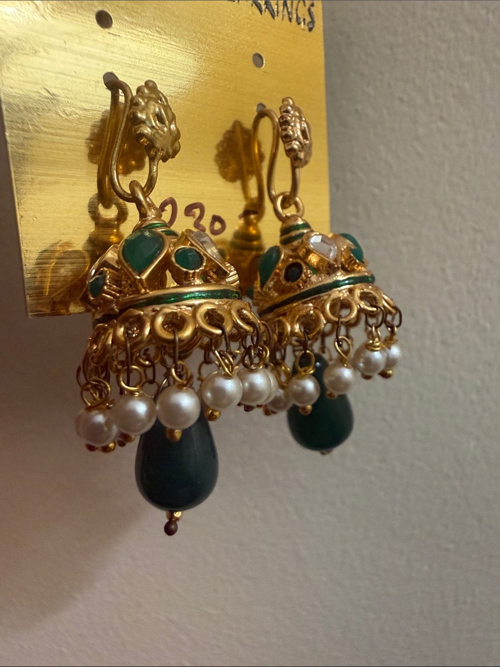 Gold and Green Pearl Jhumka Earrings